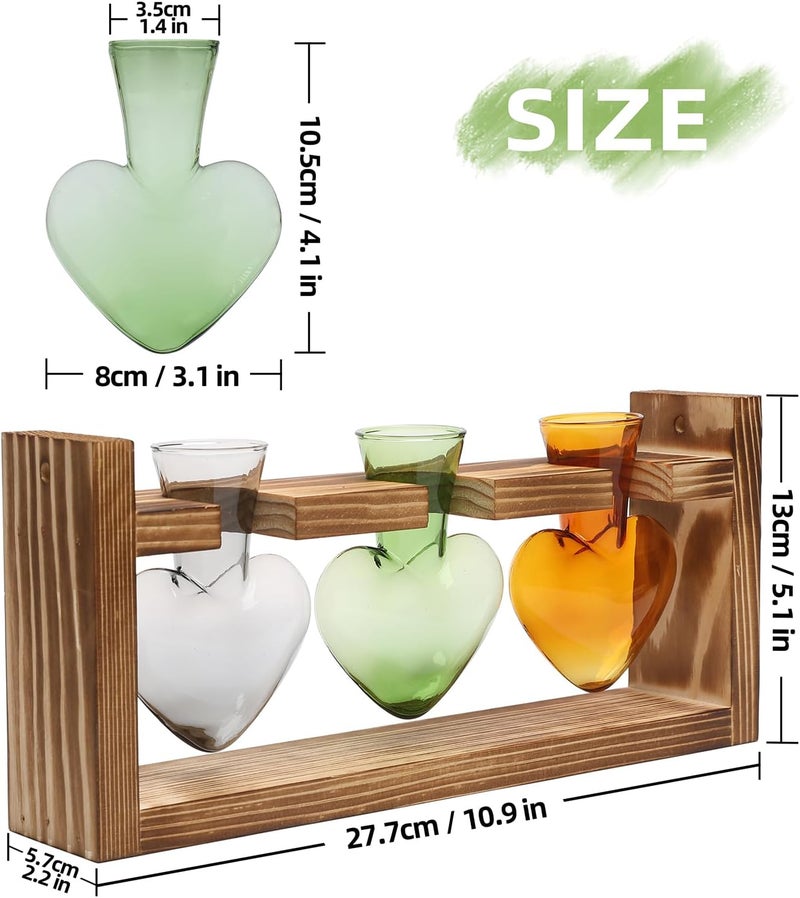 MTsigns Plant Terrarium Propagation Stations Hydroponics Home Garden Decoration Gift for Women with Wooden Stand Heart Shaped Colored Glass Vase - Image 4